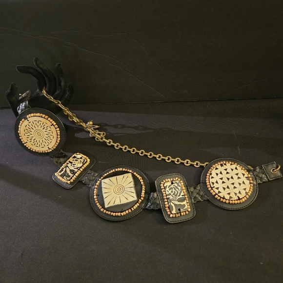 Vintage Black and Tan Chico's Geometric Belt M/L Boho Witchycore Goth Western - Picture 8 of 11